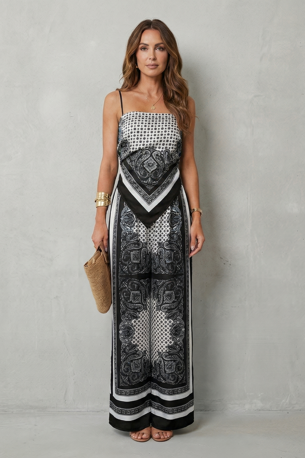 Women's Printed Strappy Top and Wide Leg Trouser Set - Cerisane