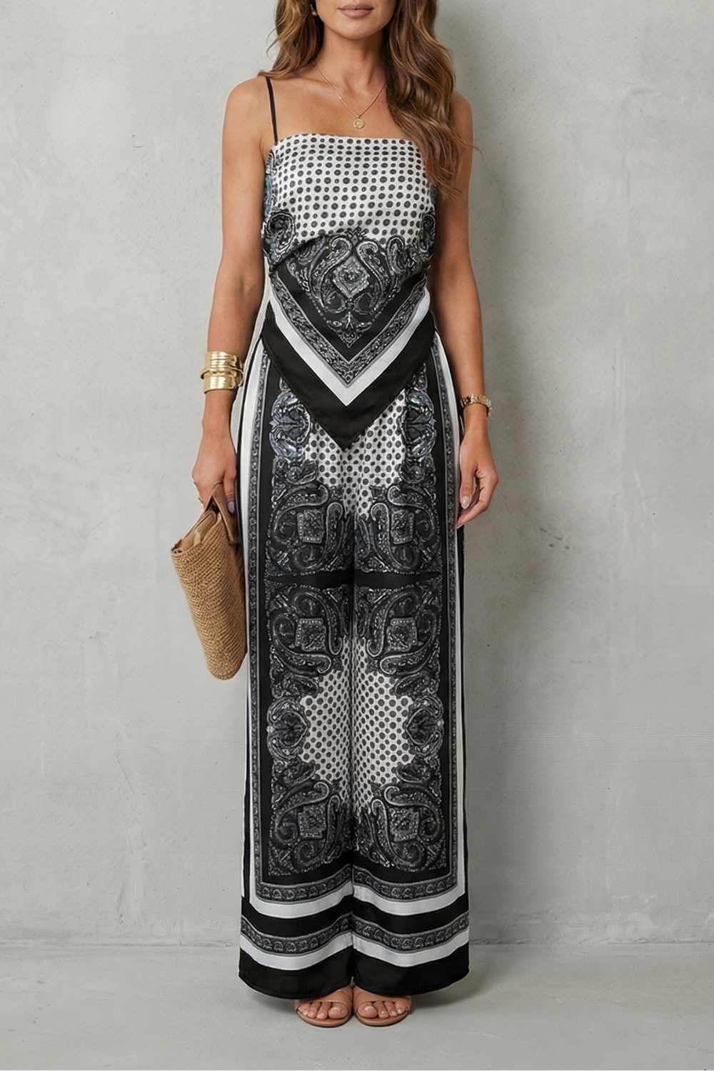 Women's Printed Strappy Top and Wide Leg Trouser Set - Cerisane