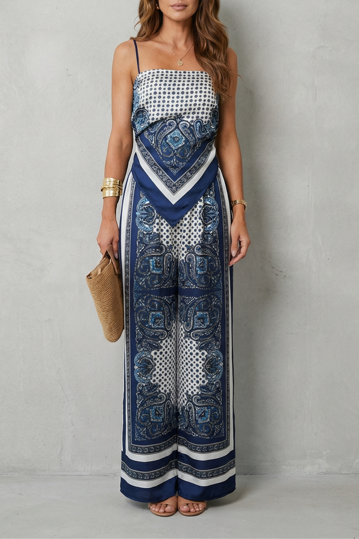 Women's Printed Strappy Top and Wide Leg Trouser Set - Cerisane