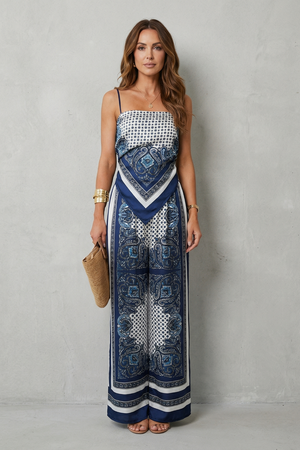 Women's Printed Strappy Top and Wide Leg Trouser Set - Cerisane