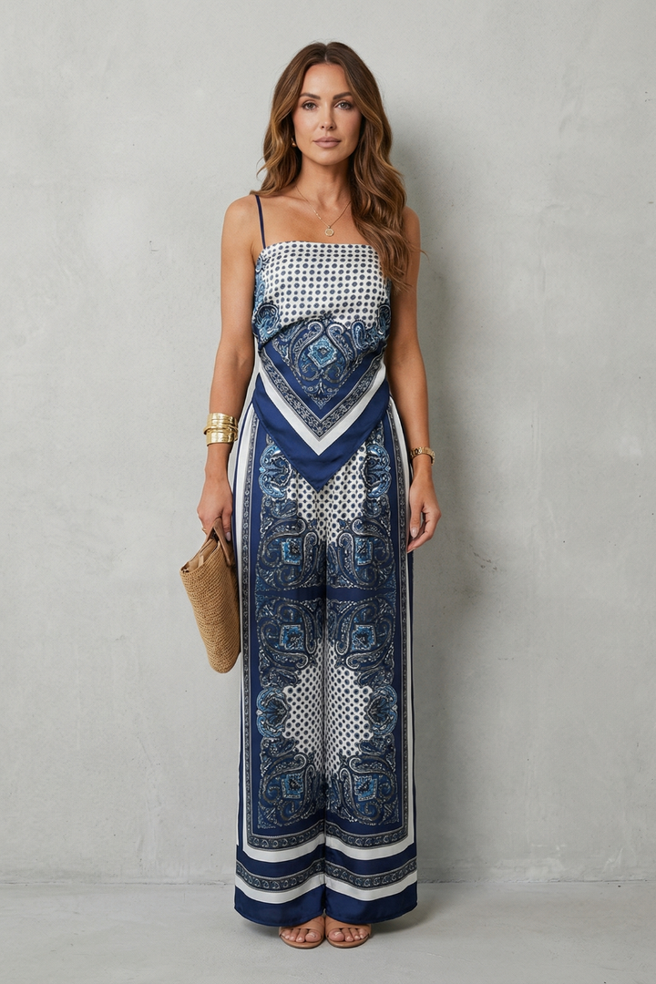 Women's Printed Strappy Top and Wide Leg Trouser Set - Cerisane