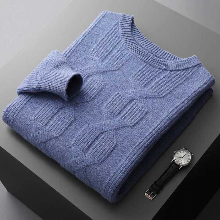 Men's blue chunky cable knit jumper – folded