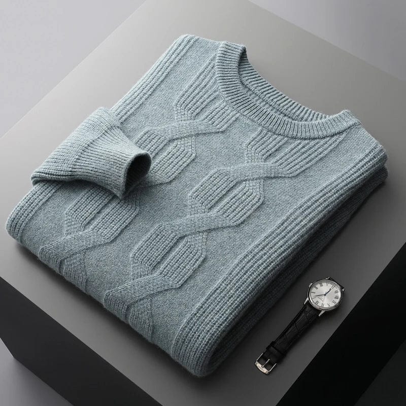 Men's sage green chunky cable knit jumper – folded