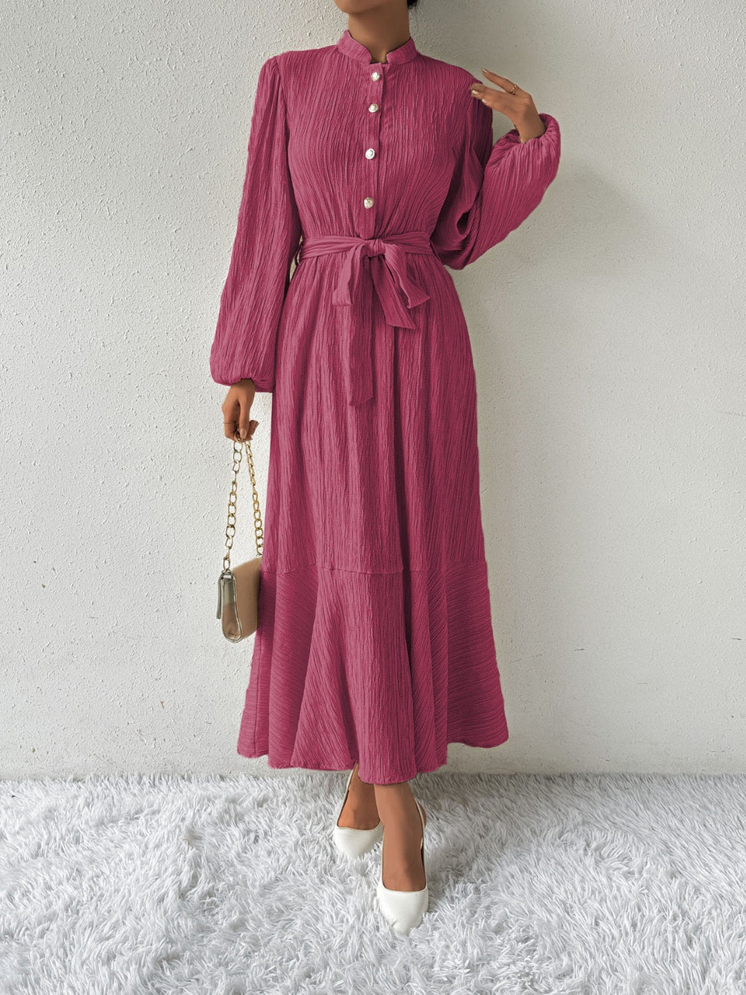 Women's Maxi Dress Button-Front Balloon Sleeve Belted