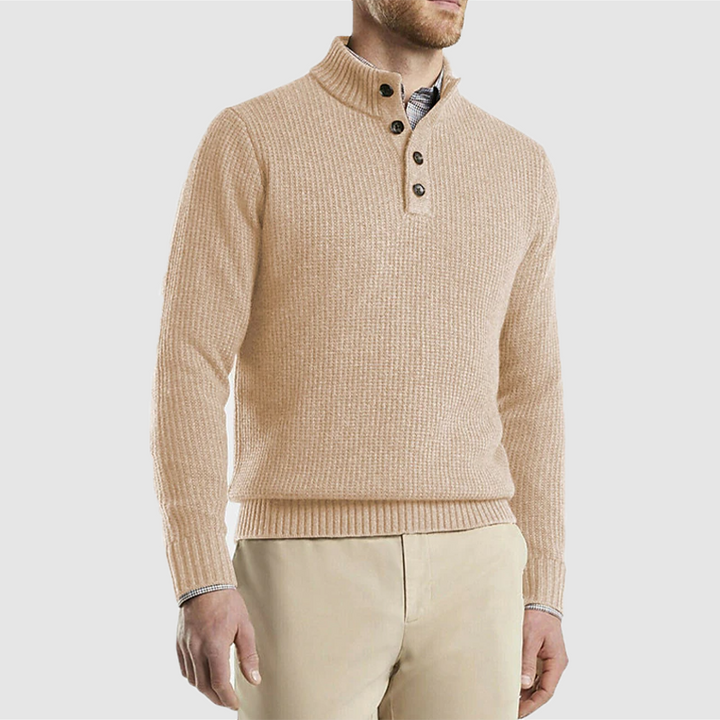 Men's Button Neck Knitted Jumper – Yorick in Beige, front view