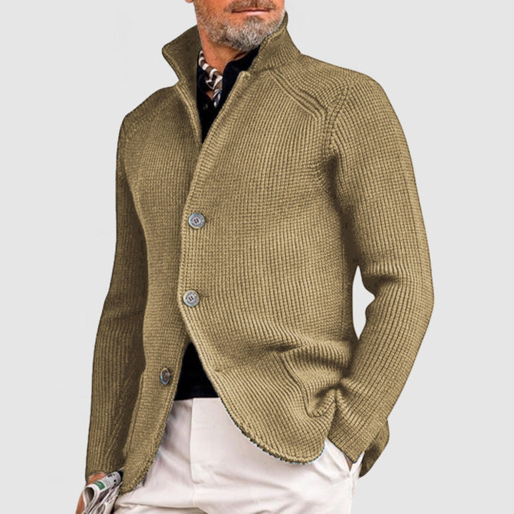 Men's stand collar knit cardigan Jorvik in Light Khaki – front view