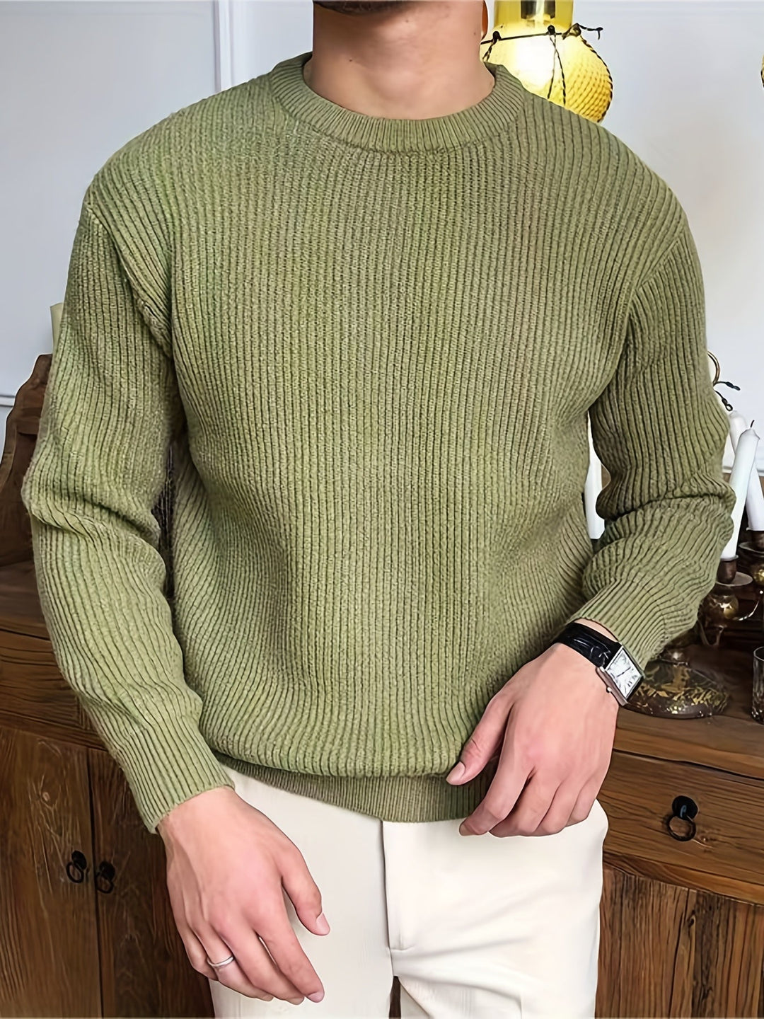 Men's ribbed crew neck jumper in army green – Quinlan – front view