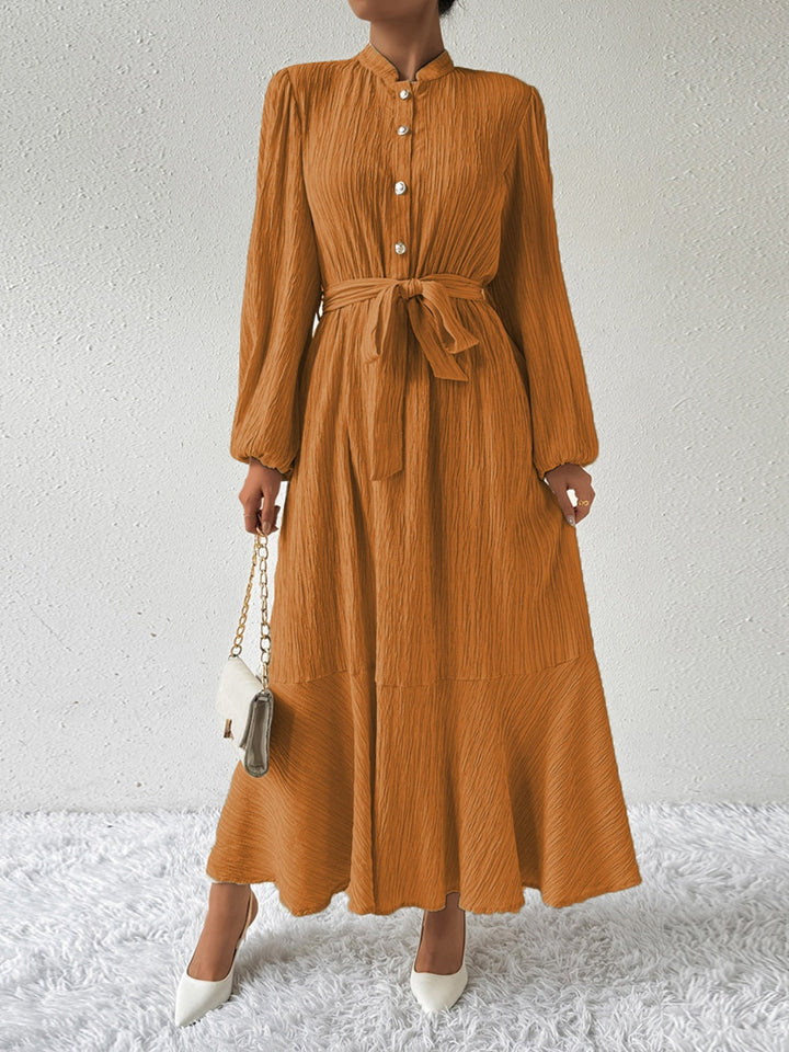 Women's Maxi Dress Button-Front Balloon Sleeve Belted