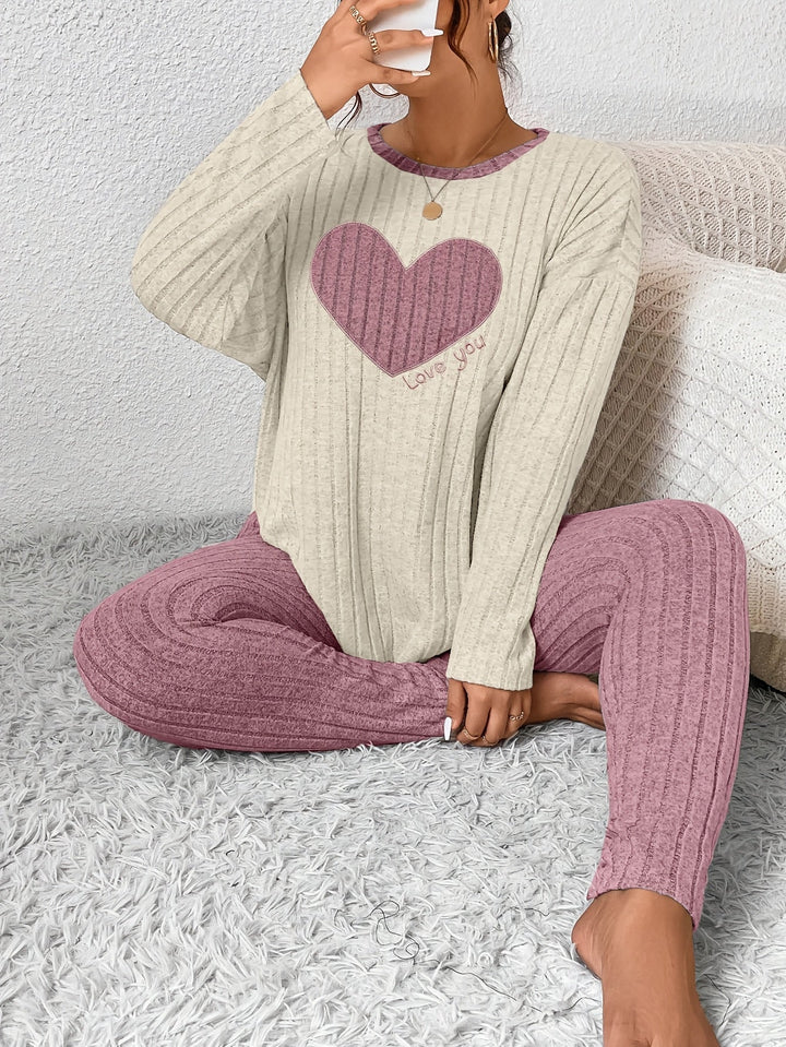 Women's Heart Print Loungewear Set Long Sleeve Top Trousers