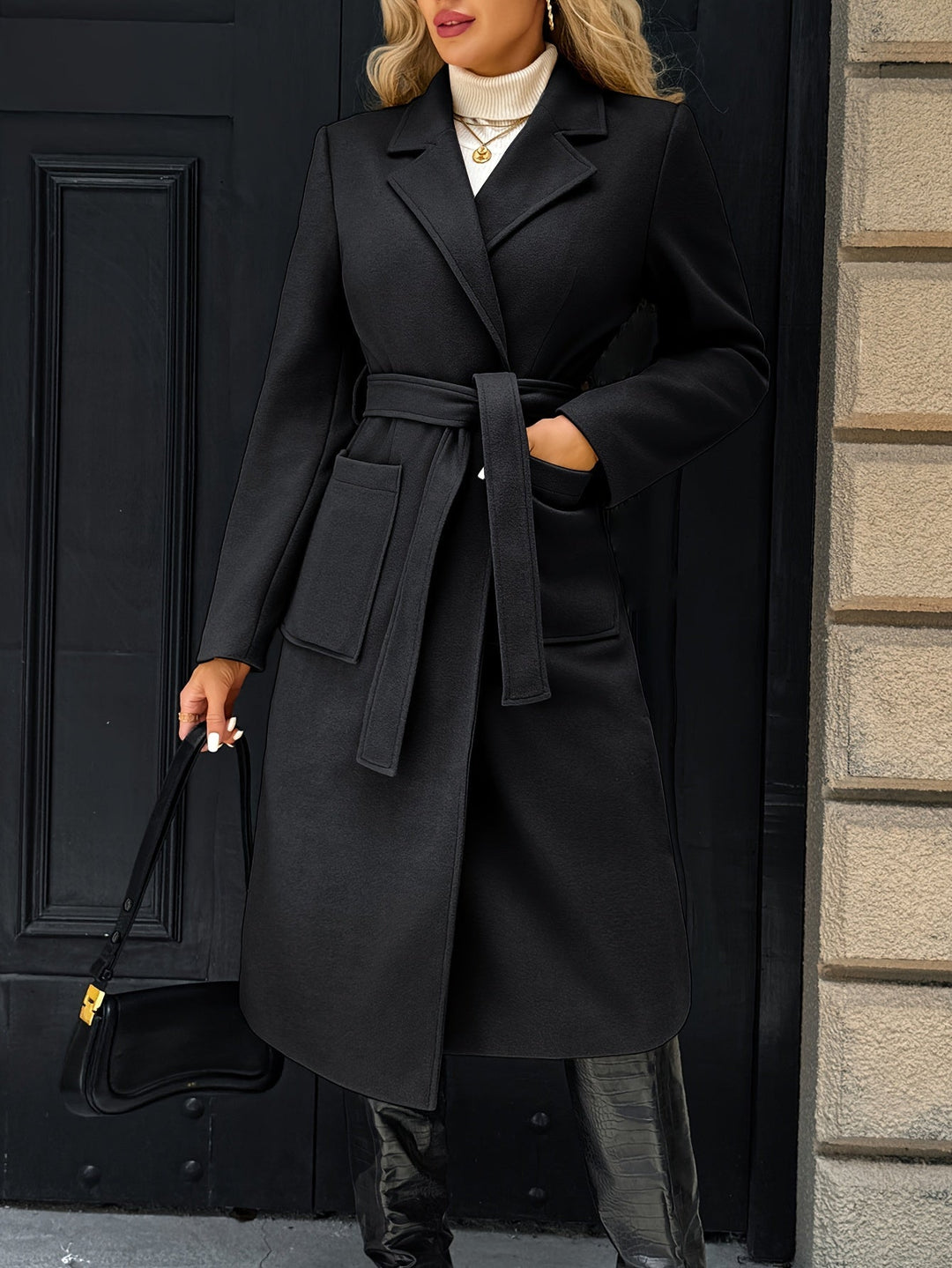 Women's belted wrap coat Romilly in Black – full-length belted view