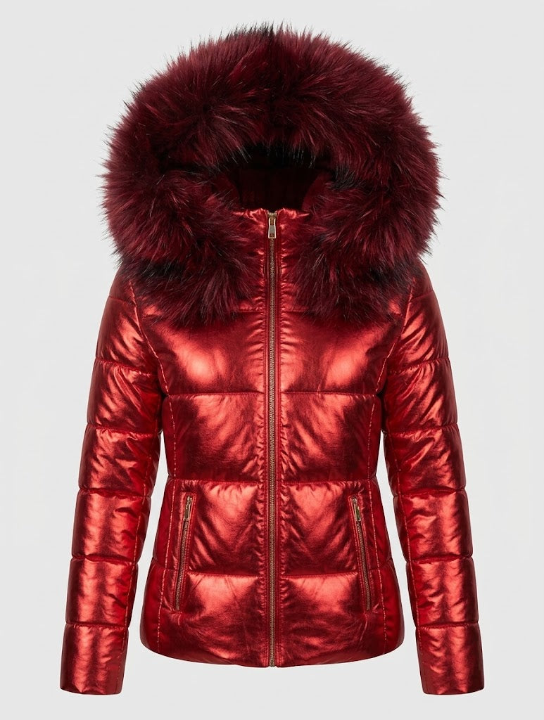 Tadcaster women's faux fur hood puffer jacket in Red – front view