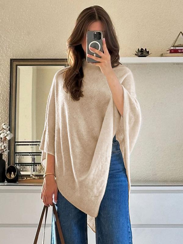 Women's Soft Knit Poncho Cape with Asymmetric Hem – Abersoch – Beige – front view