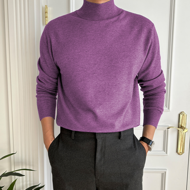 Men's fine knit mock neck jumper Piers in Purple – front view