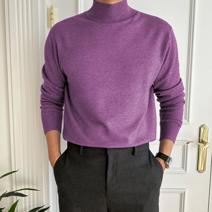 Men's fine knit mock neck jumper Piers in Purple – front view