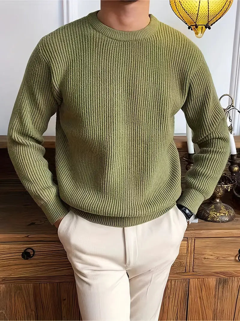 Men's ribbed crew neck jumper in army green – Quinlan – front view hands in pockets