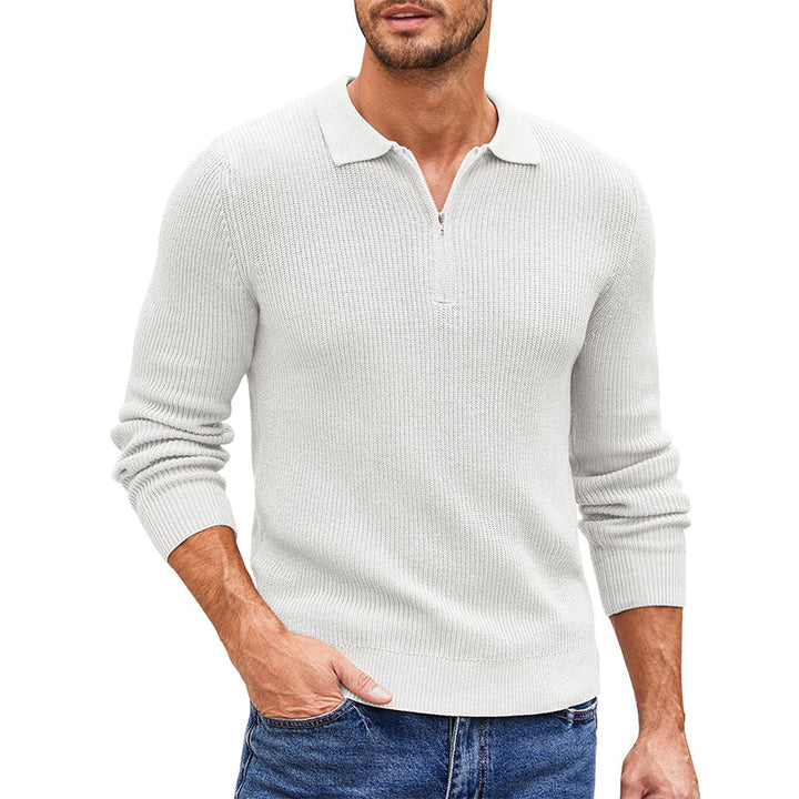 Men's Ribbed Zip Polo Jumper – Hambledon in White, front view