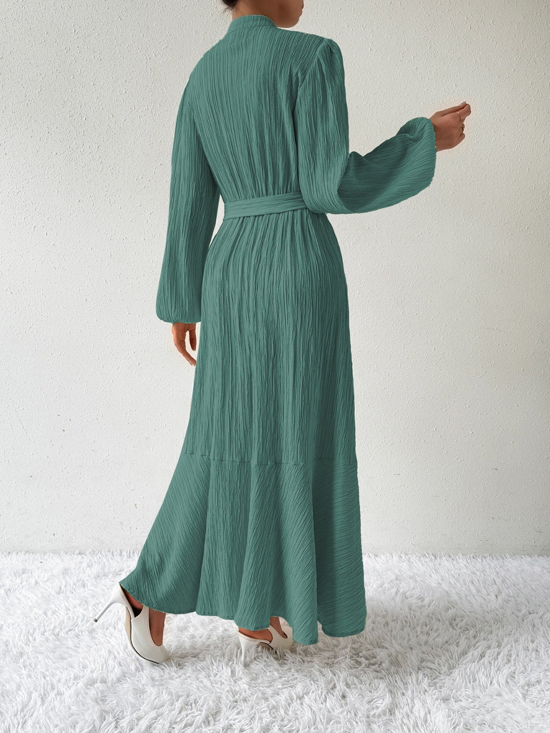 Women's Maxi Dress Button-Front Balloon Sleeve Belted