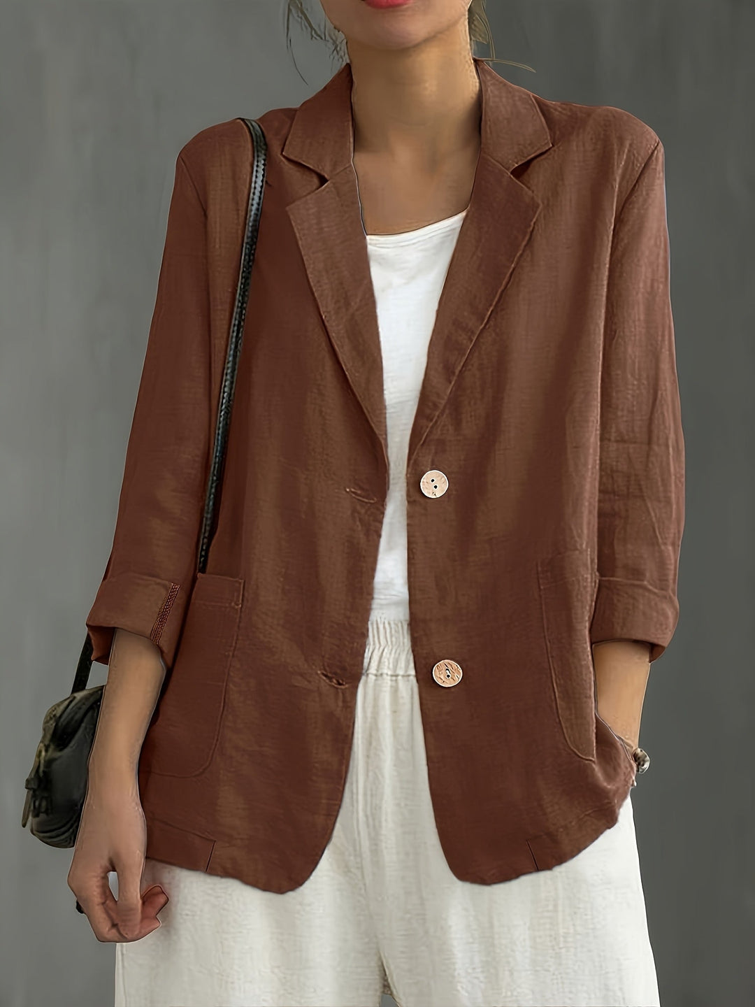 Women's Linen-Look Blazer with Patch Pockets and Rolled Sleeves – Ascot – Mocha – front view