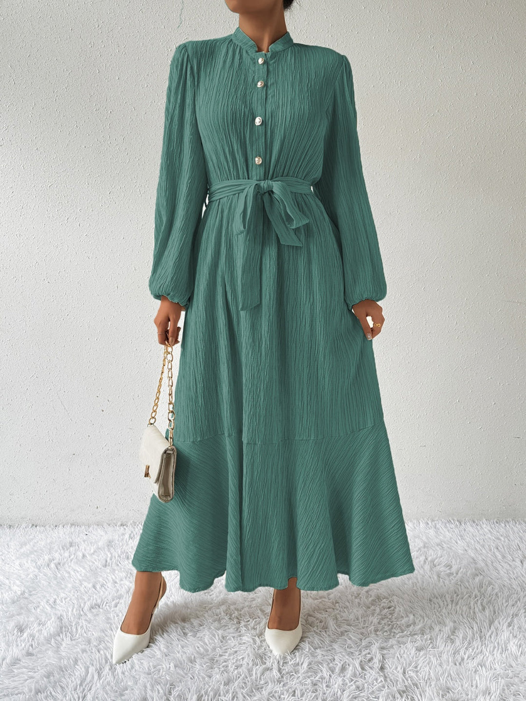 Women's Maxi Dress Button-Front Balloon Sleeve Belted