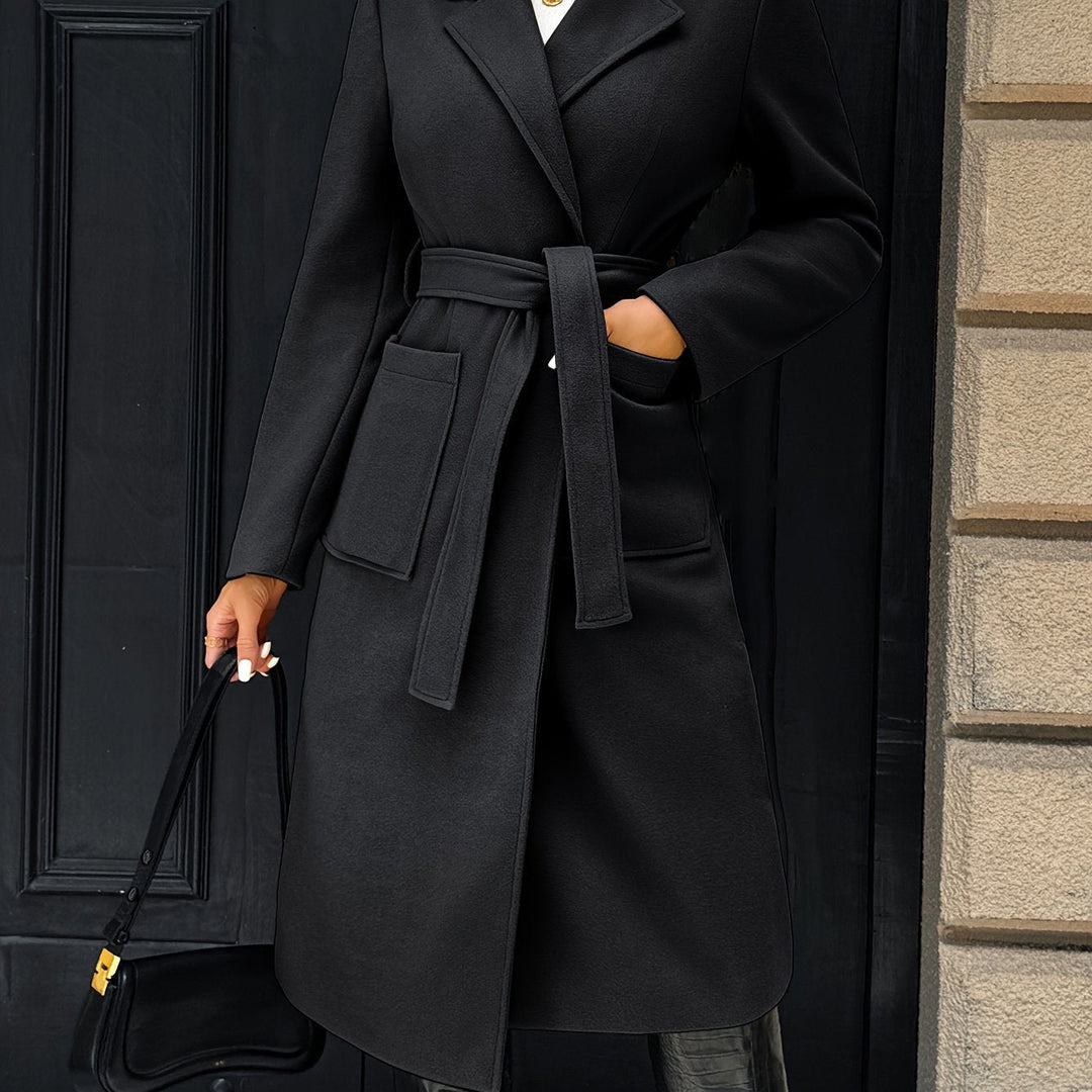 Women's belted wrap coat Romilly in Black – belted front view