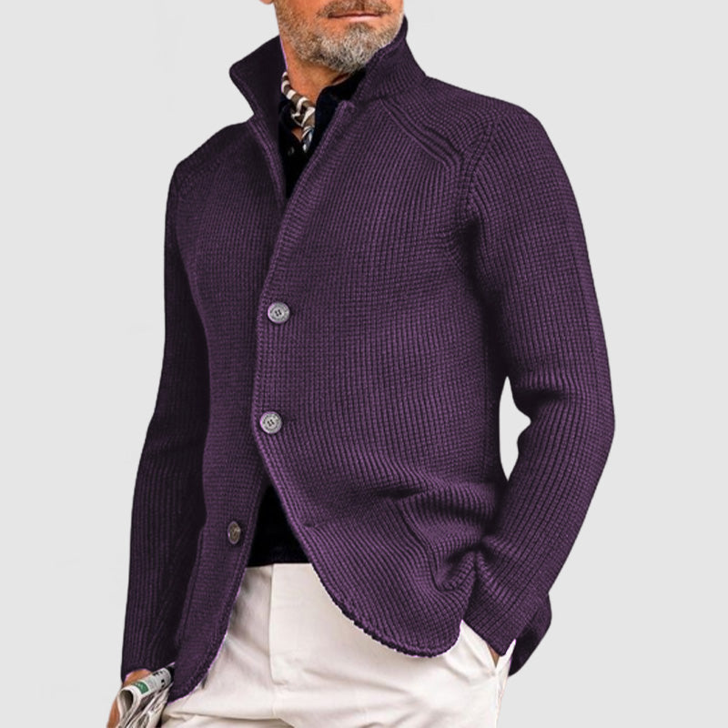 Men's stand collar knit cardigan Jorvik in Grape Purple – front view