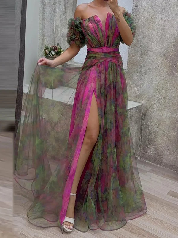Adele - V-Neck Sheer Detail Tulle Evening Dress