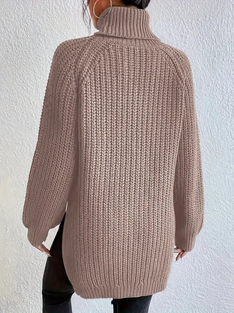 Annie - Women's chunky roll neck jumper in Mushroom – back view