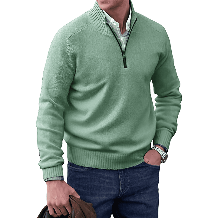 Men's soft knit quarter zip jumper Linton in Green – front view