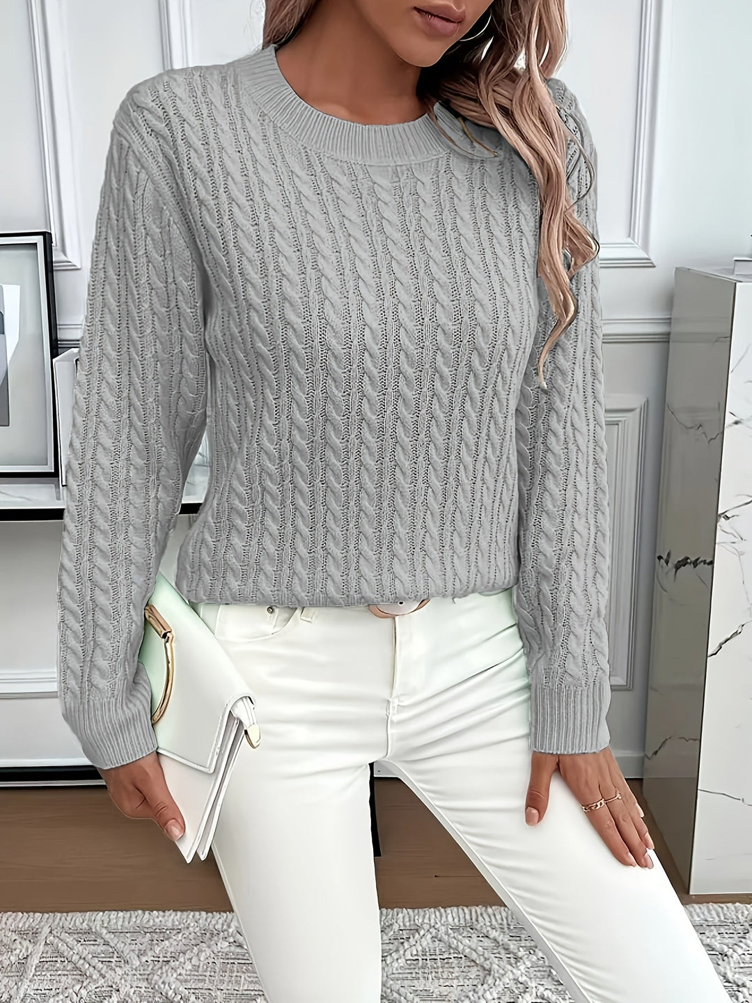Women's cable knit jumper Rosalina in Grey – styled with white bag