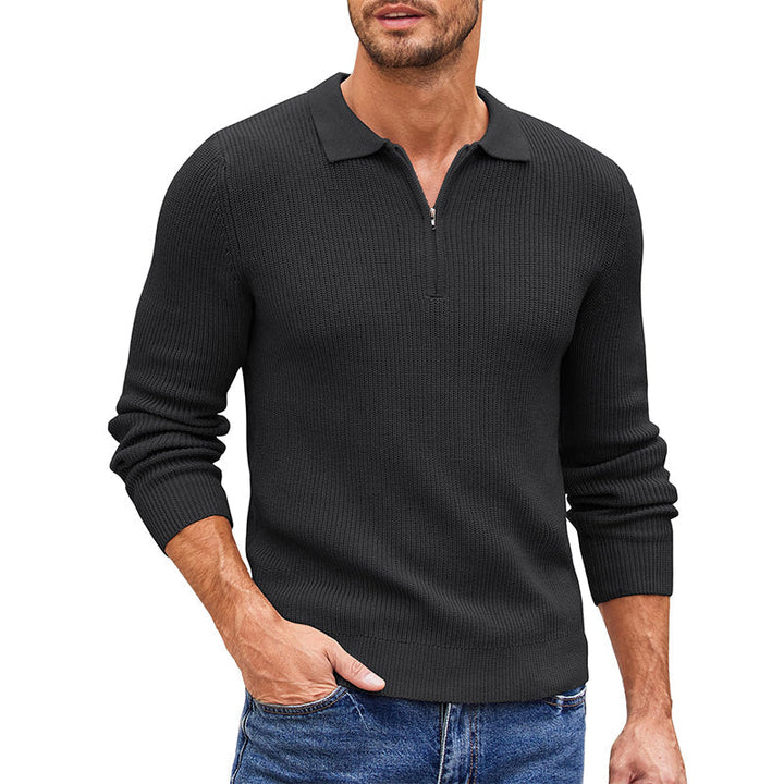 Men's Ribbed Zip Polo Jumper – Hambledon in Black, front view