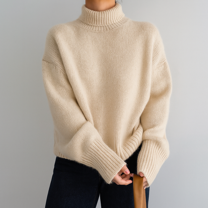 Lucretia - Women's roll neck jumper in Beige – front view