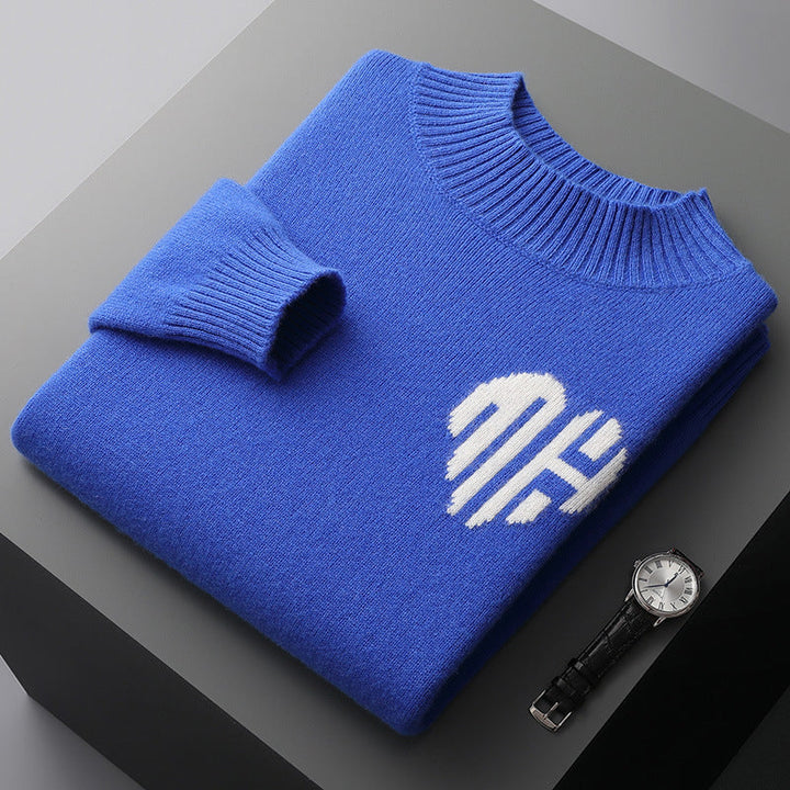 Men's soft knit mock neck jumper Ignazio in Blue – folded with white heart motif