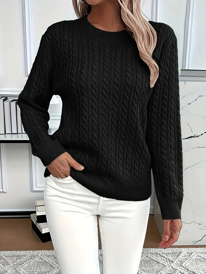 Women's cable knit jumper Rosalina in Black – front view hand in pocket