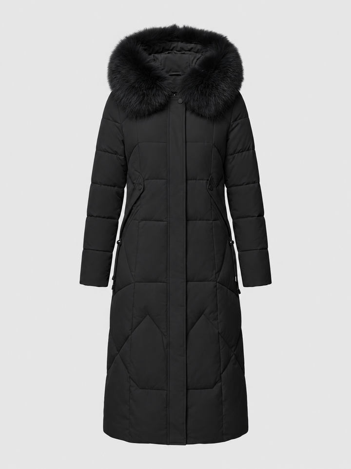 Halesworth women's long puffer coat in Black – front view