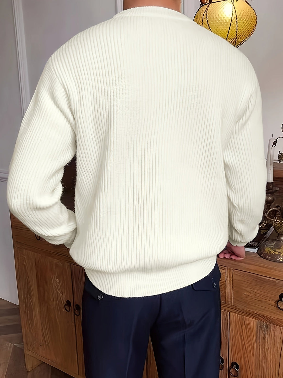 Men's ribbed crew neck jumper in white – Quinlan – back view