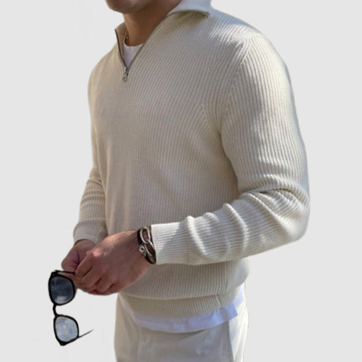 Men's Ribbed Quarter Zip Jumper – Galen in Cream, side view of ribbed knit