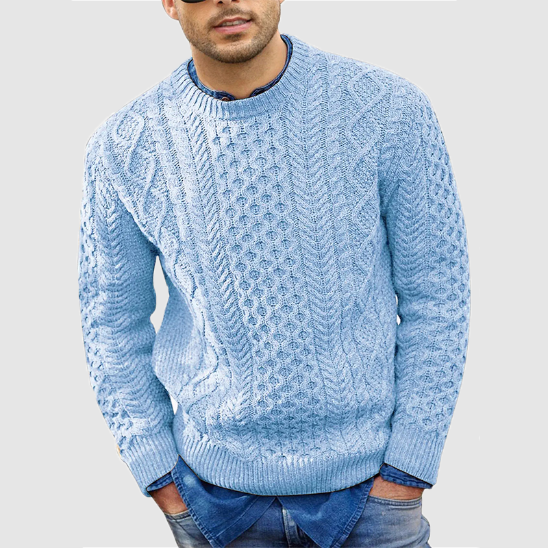 Men's cable knit crew neck jumper Zevran in Light Blue – front view worn over a denim shirt