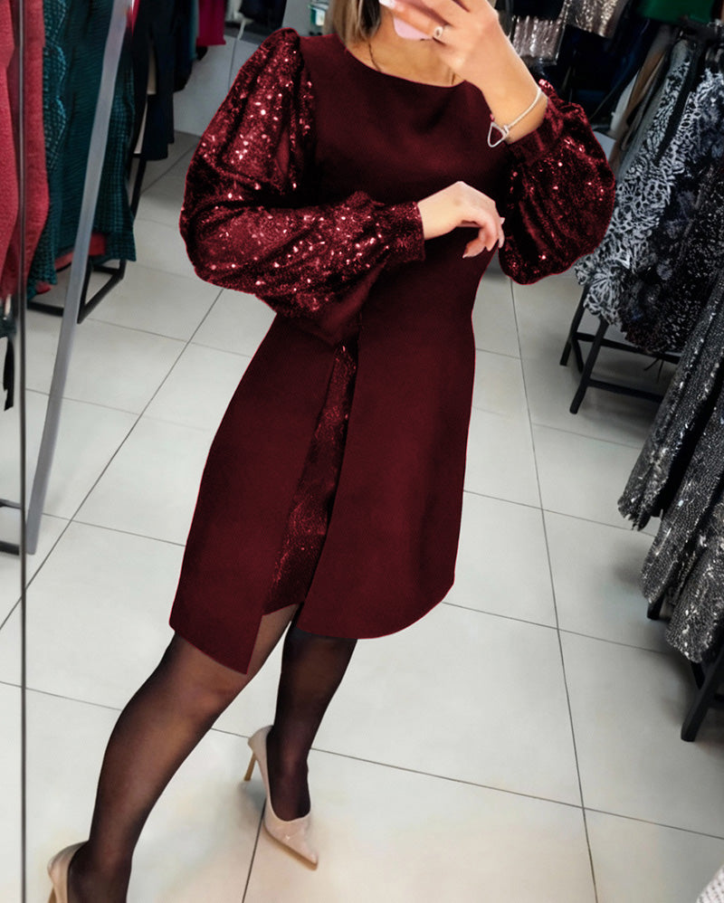 Liliana - Elegant Dress with Puff Sleeves and Patchwork Details