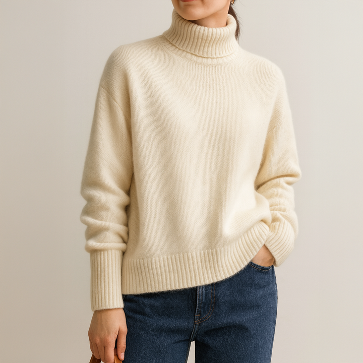 Lucretia - Women's roll neck jumper in Beige – alternate front view