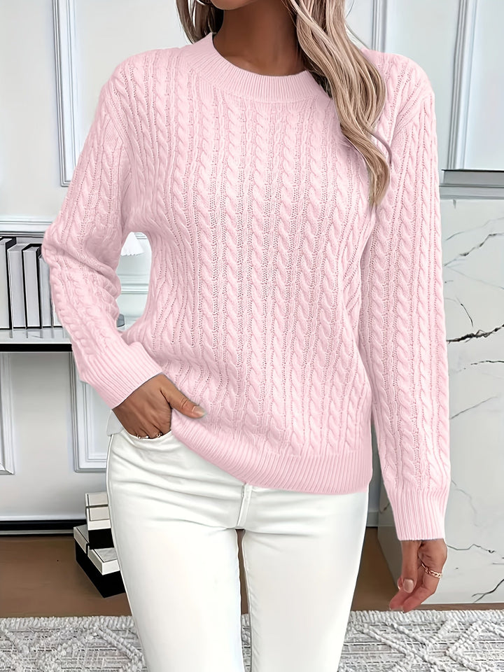 Women's cable knit jumper Rosalina in Pink – front view hand in pocket