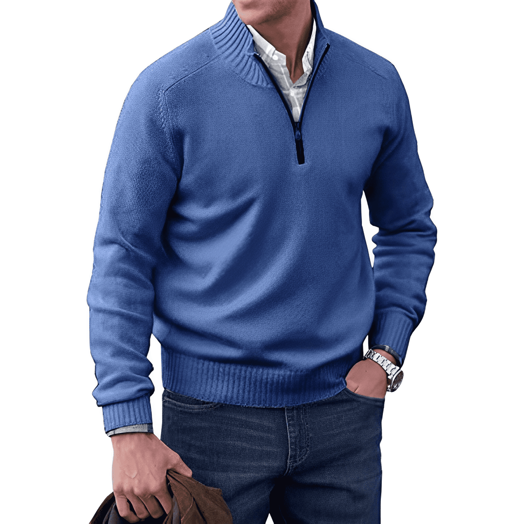 Men's soft knit quarter zip jumper Linton in Blue – front view