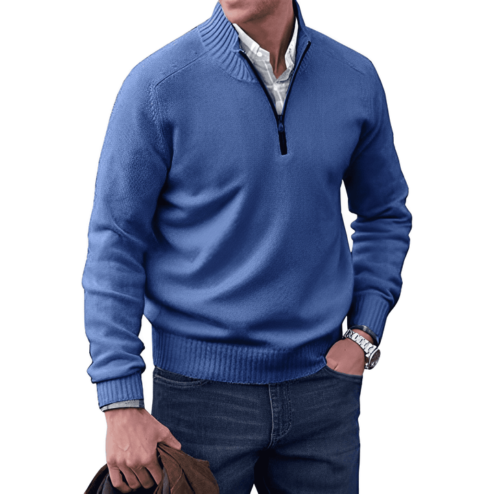 Men's soft knit quarter zip jumper Linton in Blue – front view