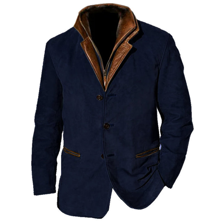 Men's Suede-Effect Fur-Look Collar Jacket Bruce in Navy Blue – front view