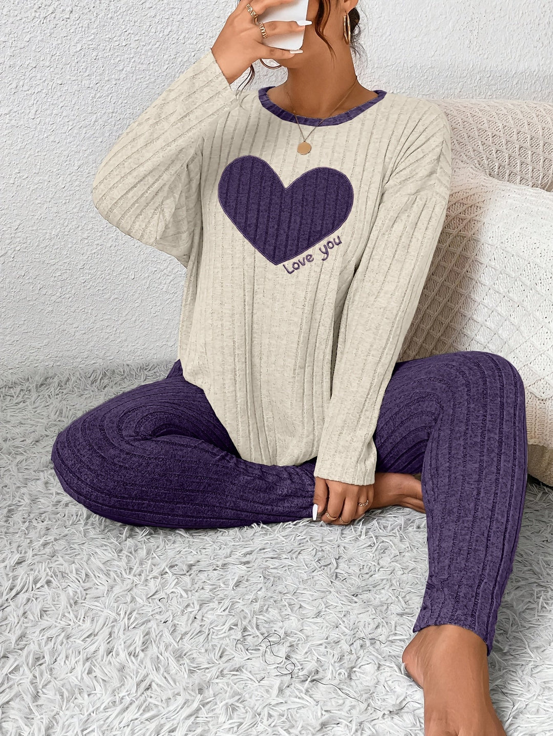 Women's Heart Print Loungewear Set Long Sleeve Top Trousers