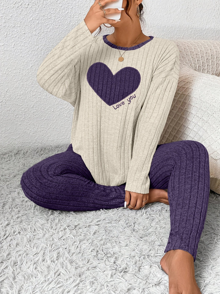 Women's Heart Print Loungewear Set Long Sleeve Top Trousers