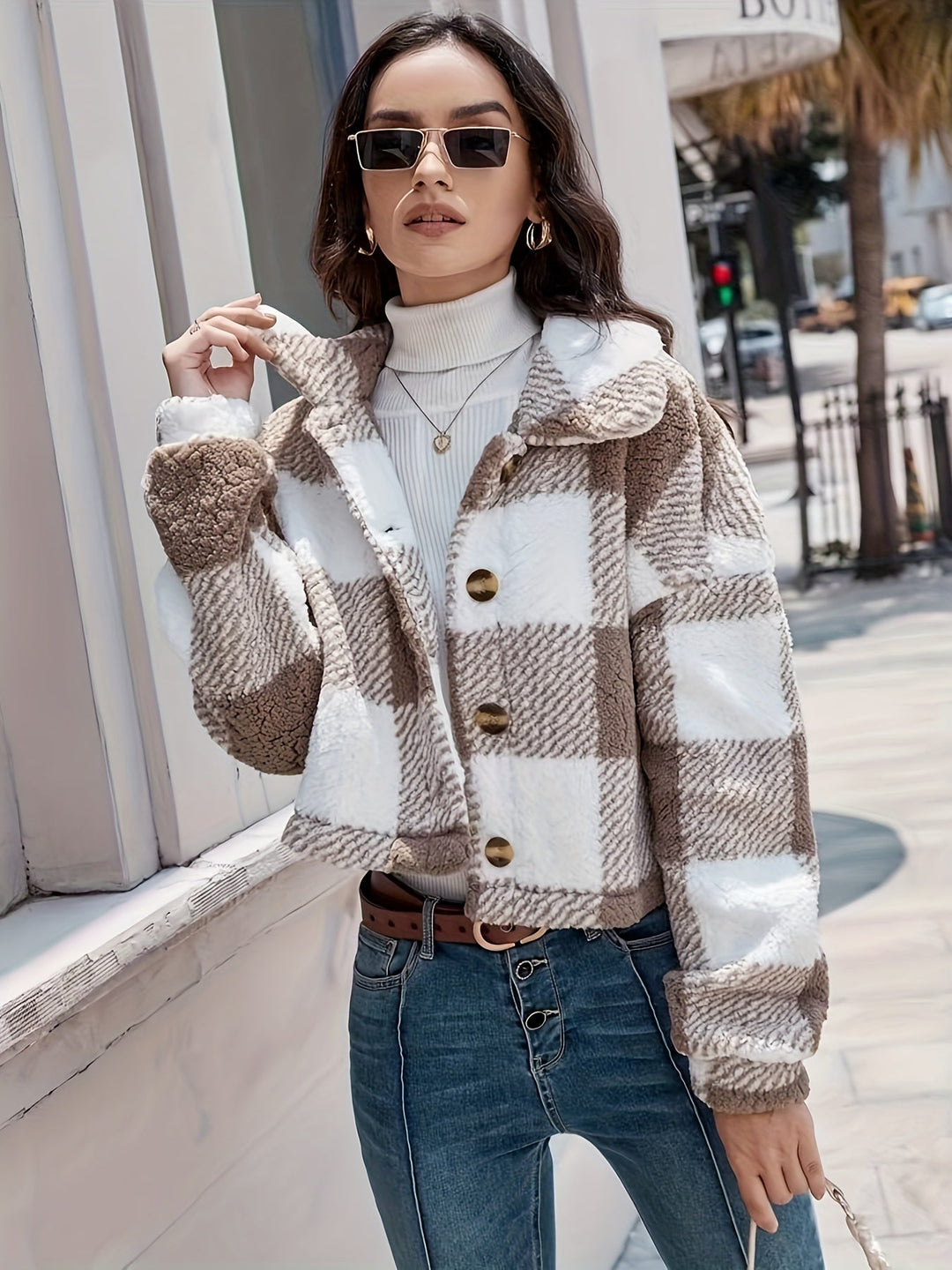Women's Checked Teddy Jacket Button Front Collared