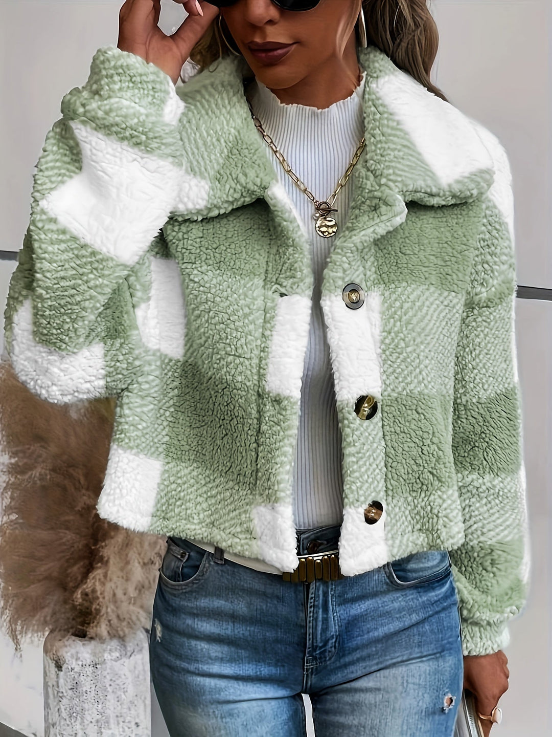 Women's Checked Teddy Jacket Button Front Collared