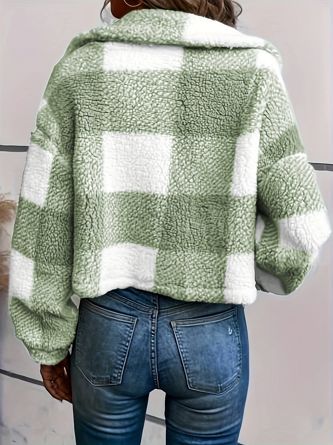 Women's Checked Teddy Jacket Button Front Collared