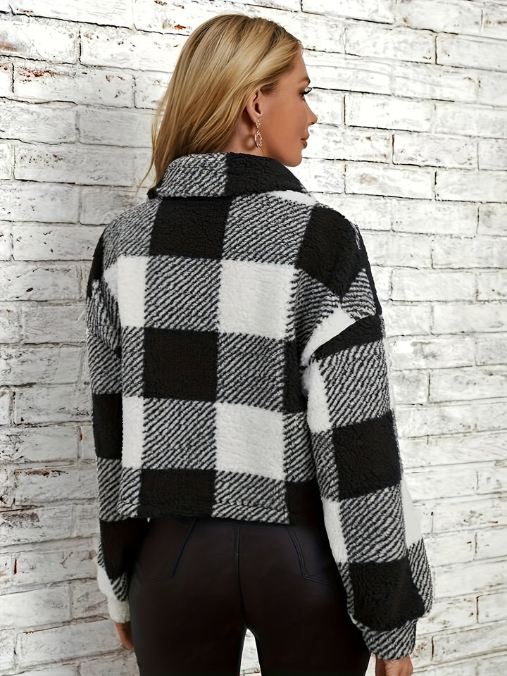 Women's Checked Teddy Jacket Button Front Collared