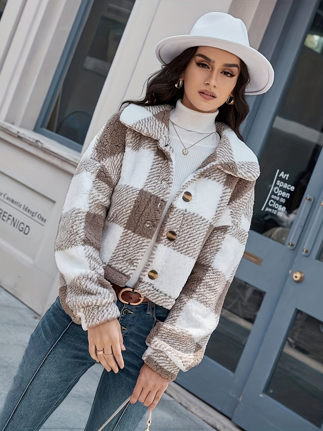 Women's Checked Teddy Jacket Button Front Collared